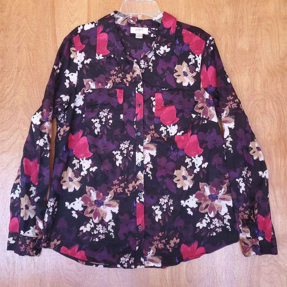 Dark Floral Button Up Shirt Womens M Lightweight 100% Cotton Preppy Bloomcore